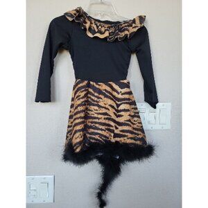 Child Girls Black Cat Orange Stripe Halloween Costume Feather Dress Leotard
